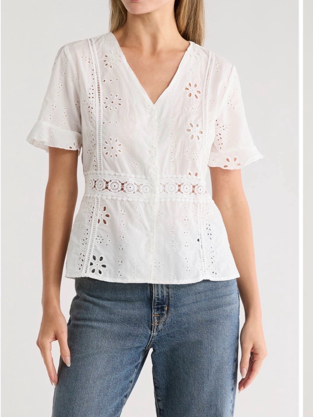 White Eyelet V-Neck Lace-Inset Women's Blouse